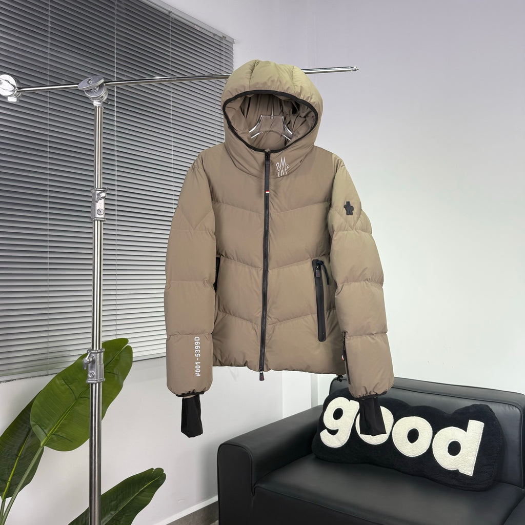 Moncler Taupe Beige Graphic Logo Hooded Puffer Jacket