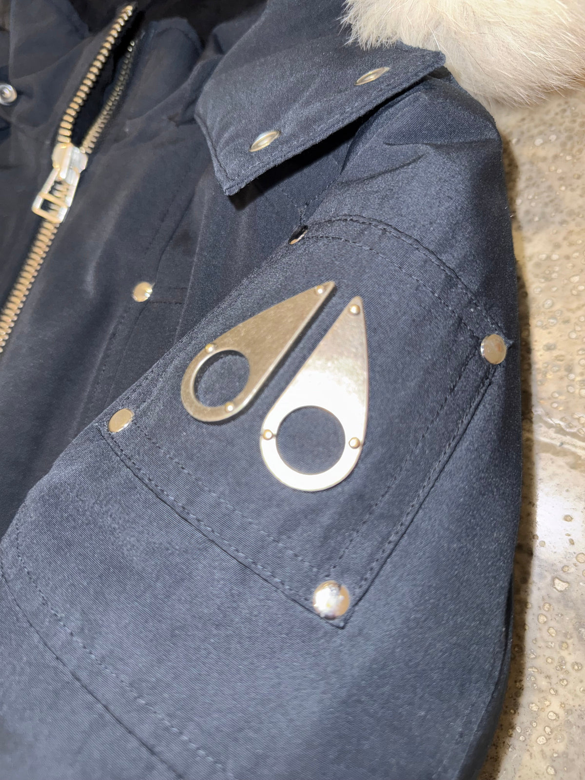 Moose Knuckles Navy Blue White-Trim Hooded Bomber Jacket