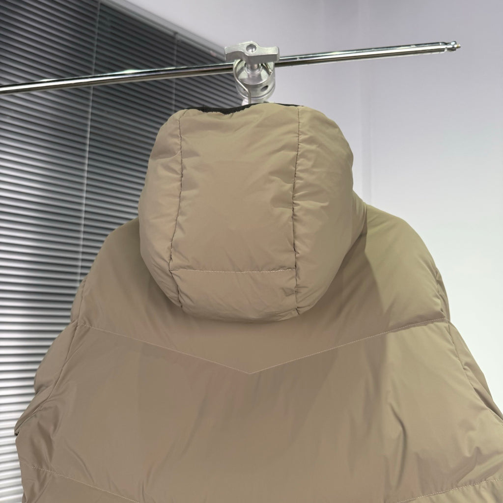 Moncler Taupe Beige Graphic Logo Hooded Puffer Jacket
