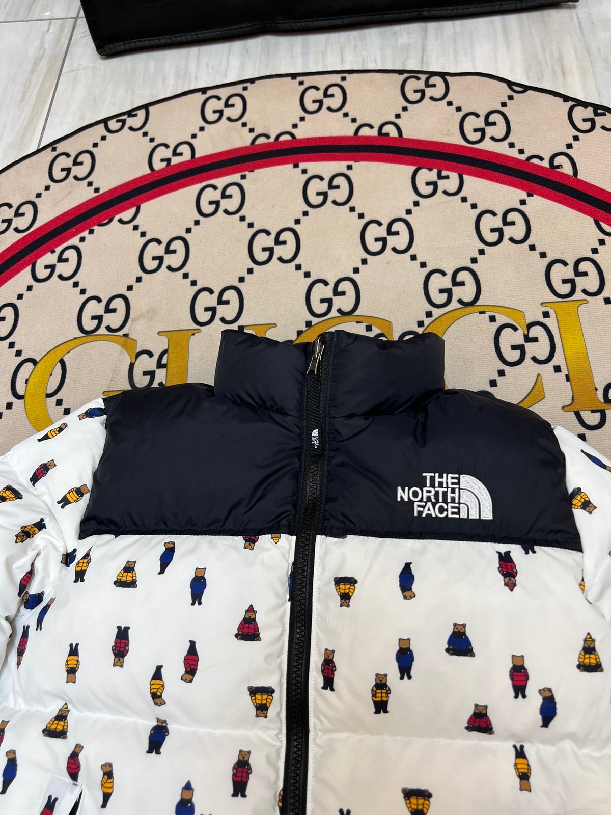 The North Face White and Black Bear Print Puffer Jacket