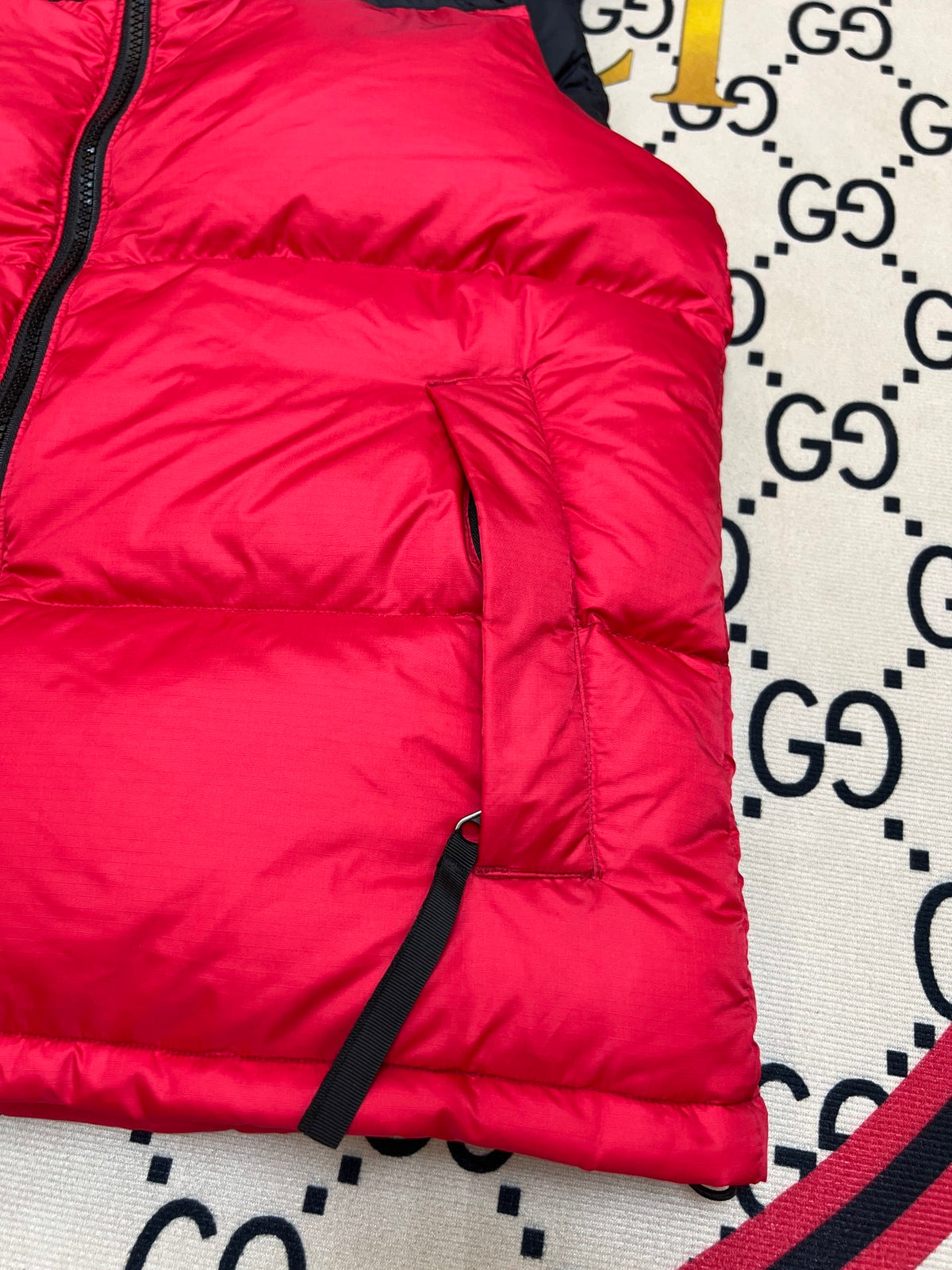 The North Face Red and Black Colorblock Puffer Vest