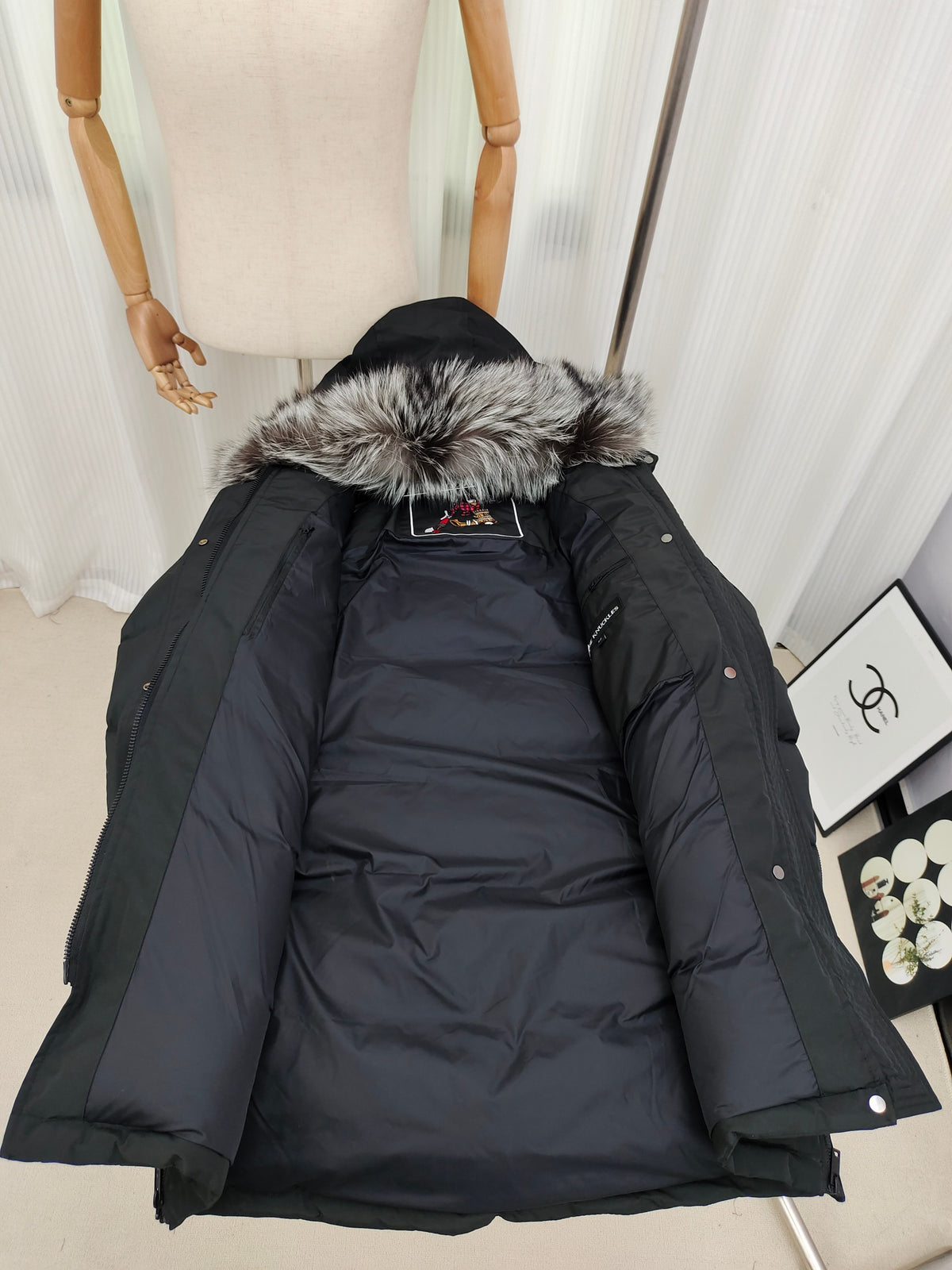 Moose Knuckles Charcoal Gray Fur-Trim Hooded Long Puffer Coat