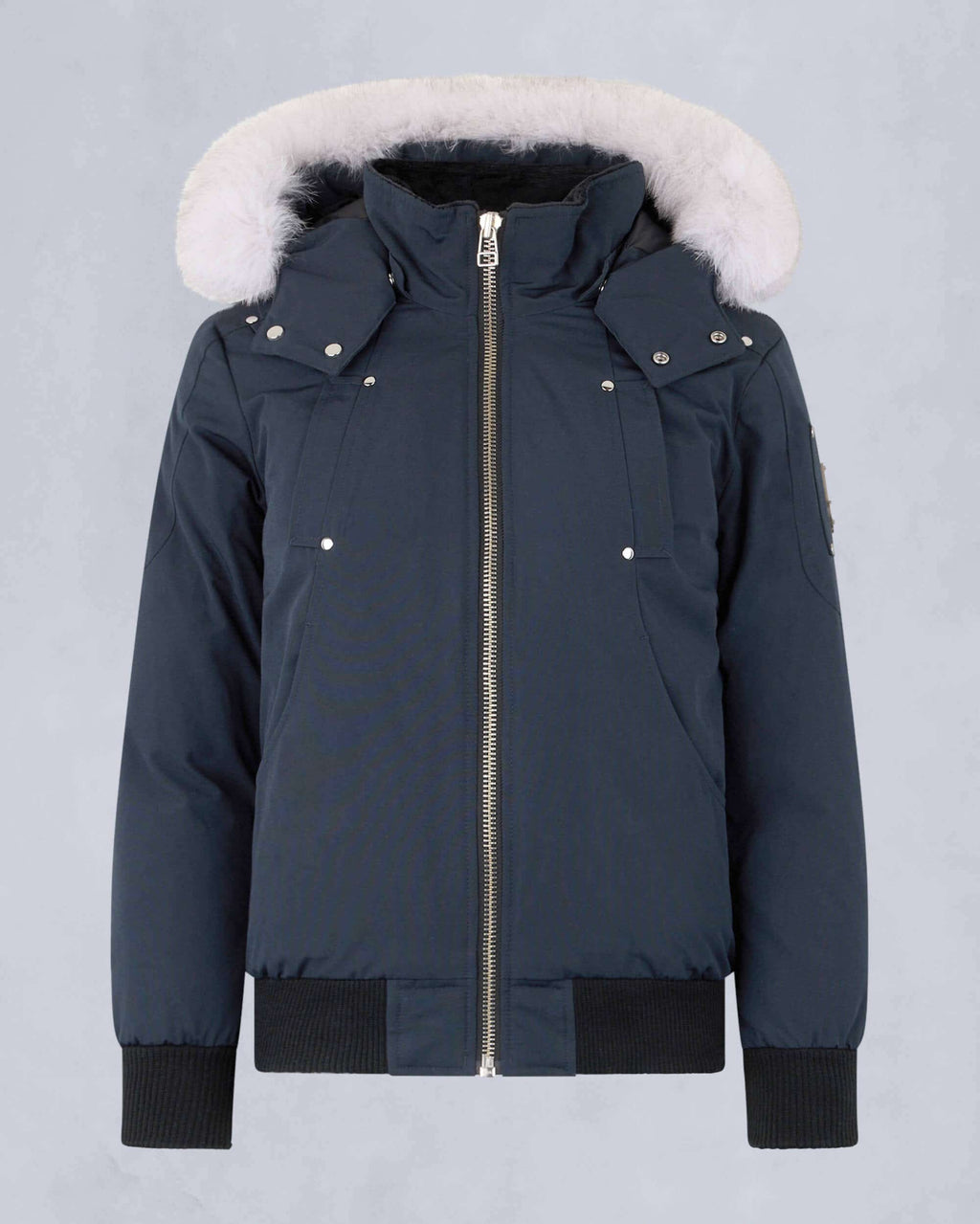 Moose Knuckles Navy Blue White-Trim Hooded Bomber Jacket