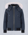 Moose Knuckles Navy Blue White-Trim Hooded Bomber Jacket