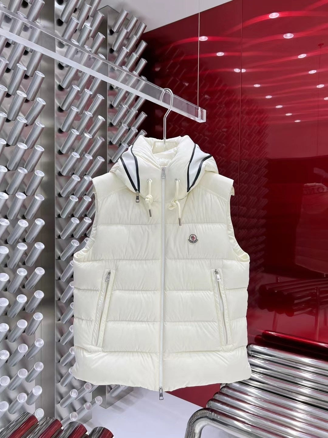 Moncler White Logo Trim Hooded Puffer Vest