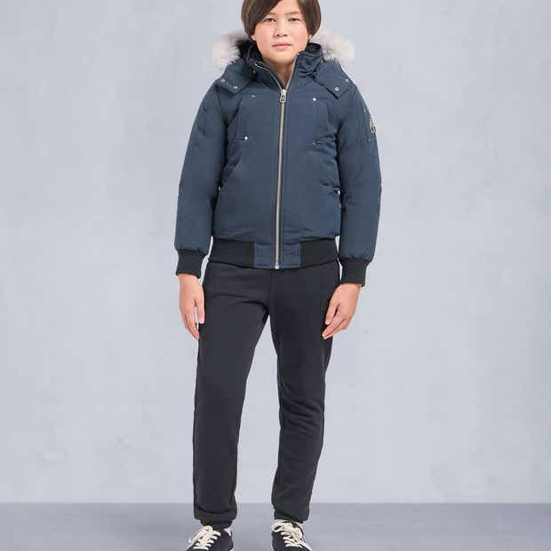 Moose Knuckles Navy Blue White-Trim Hooded Bomber Jacket