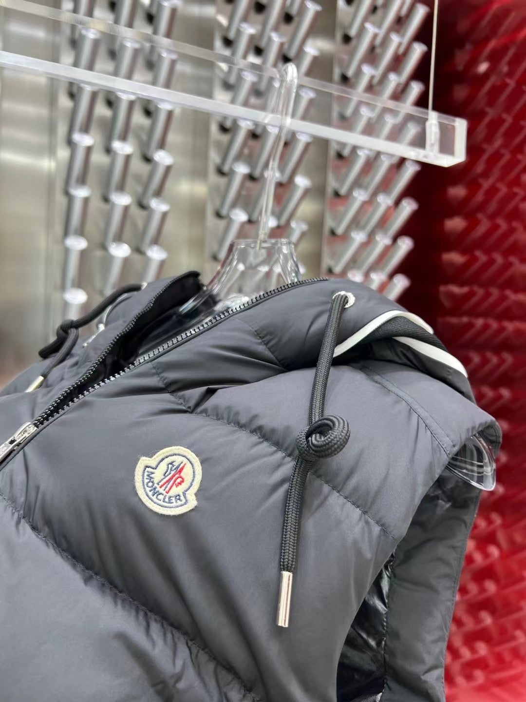 Moncler Charcoal Gray Logo Trim Hooded Puffer Vest