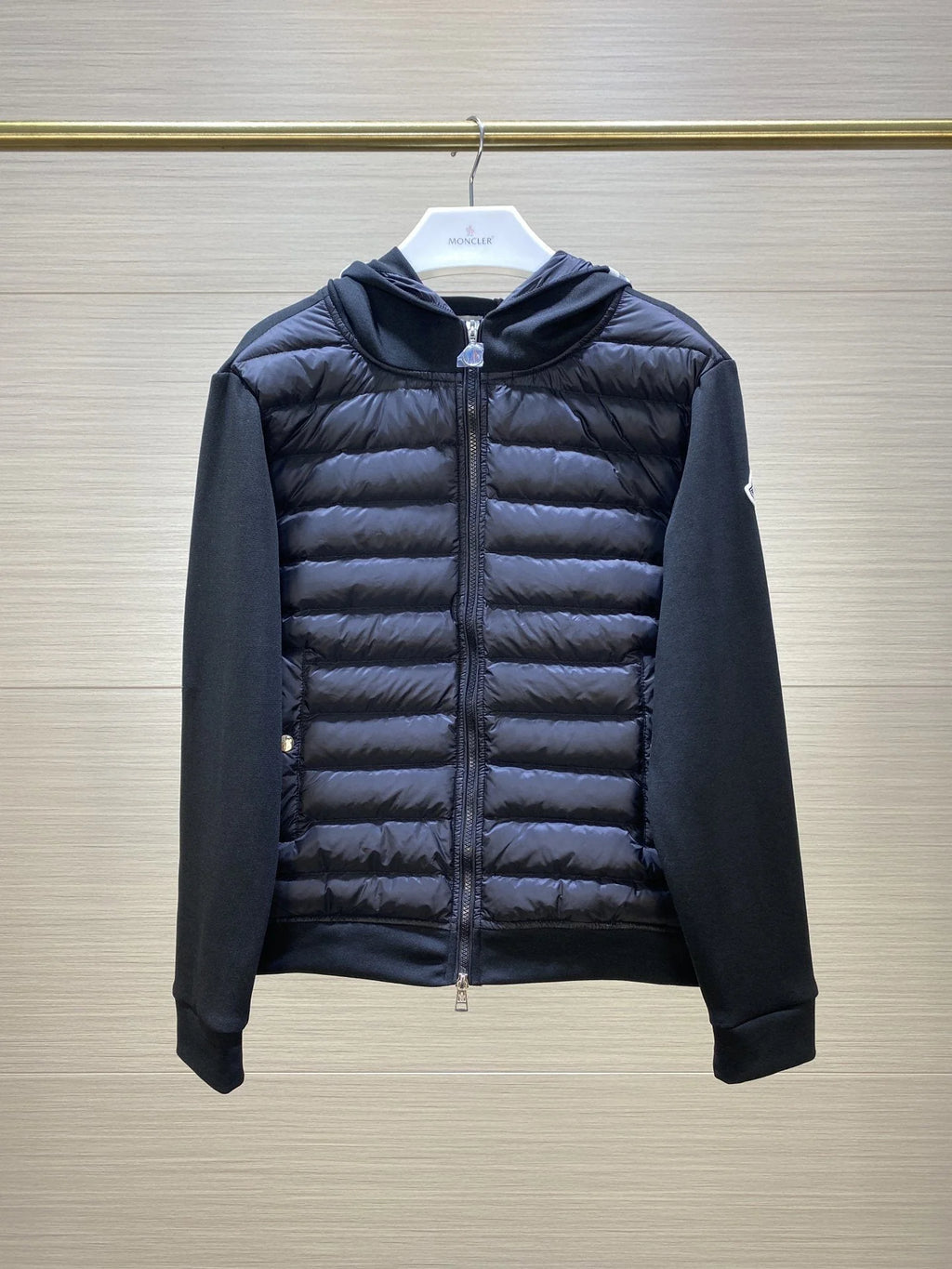 Moncler Black Contrast Stripe Quilted Front Hooded Jacket