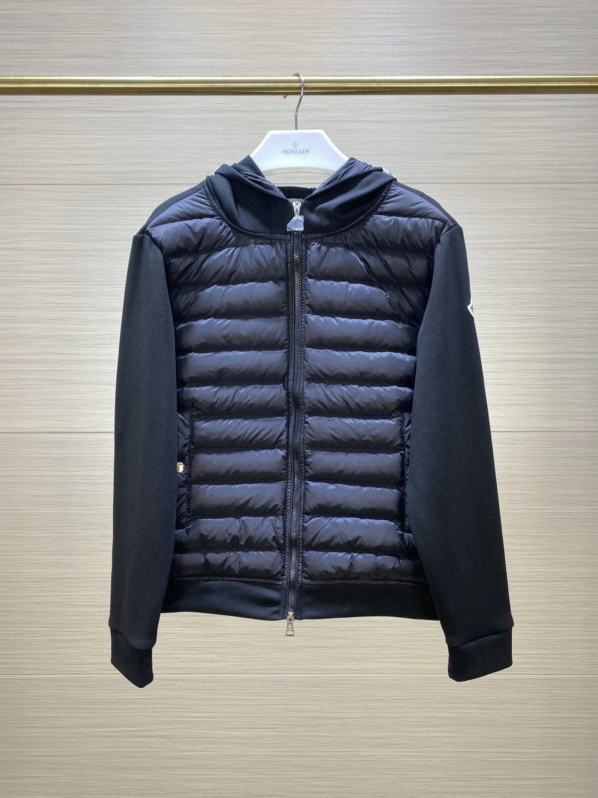 Moncler Black Contrast Stripe Quilted Front Hooded Jacket