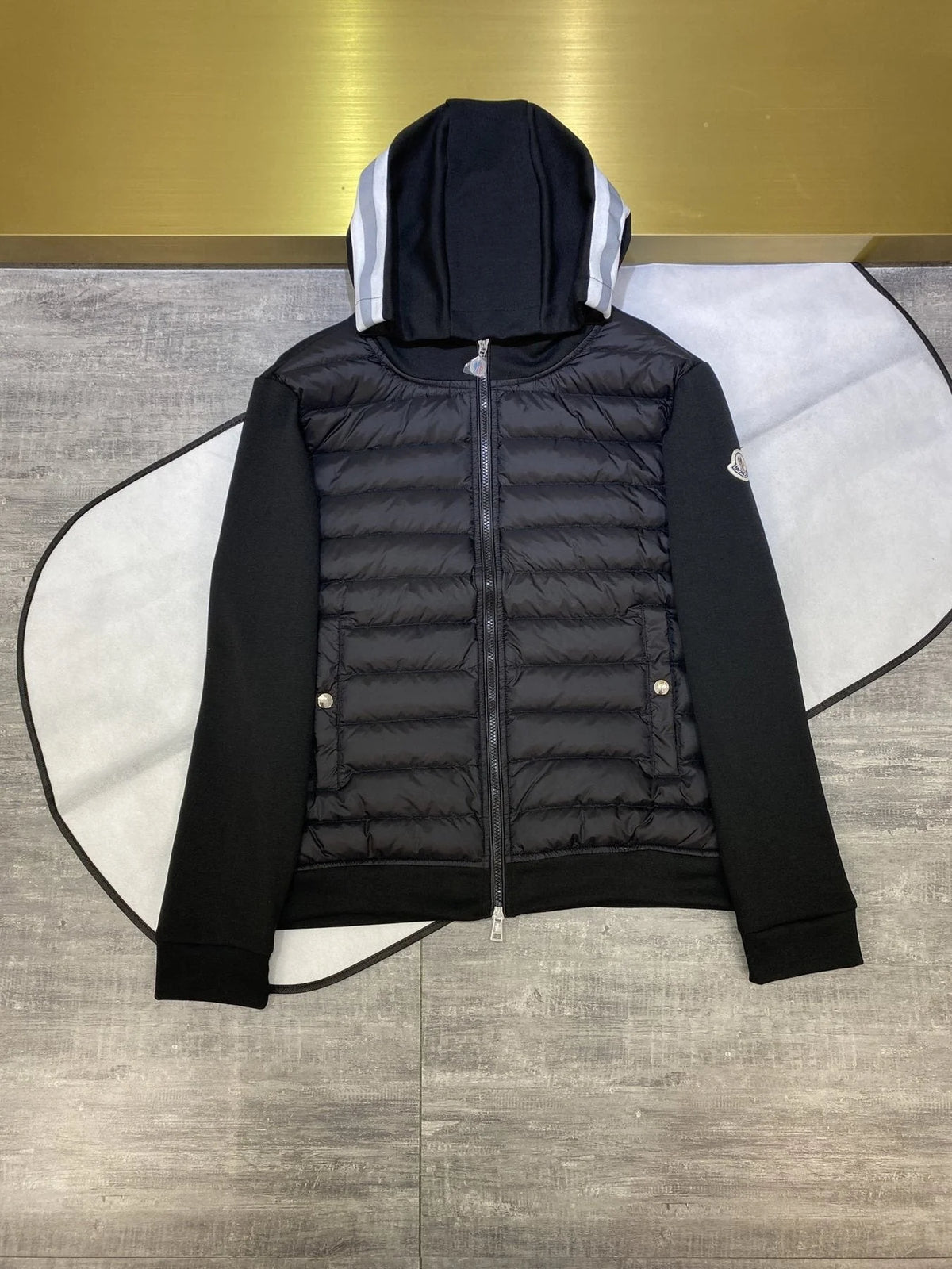 Moncler Black Contrast Stripe Quilted Front Hooded Jacket