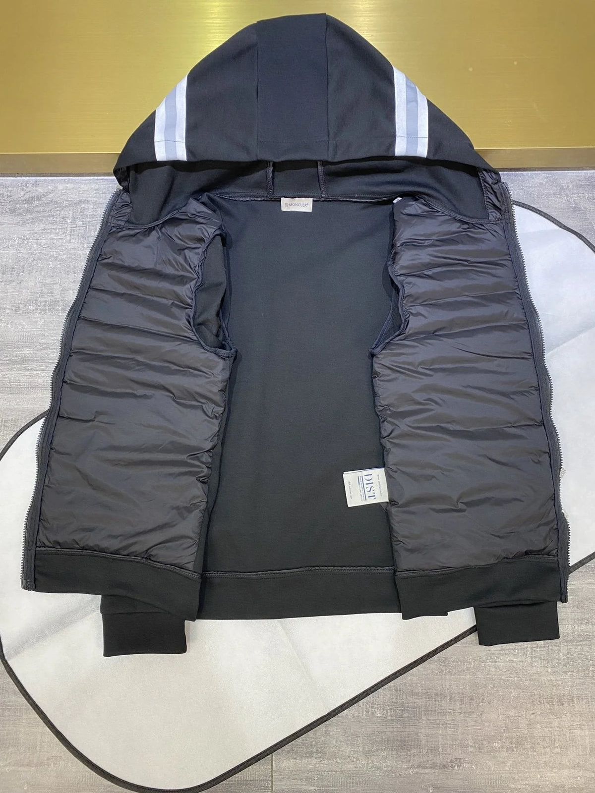 Moncler Black Contrast Stripe Quilted Front Hooded Jacket