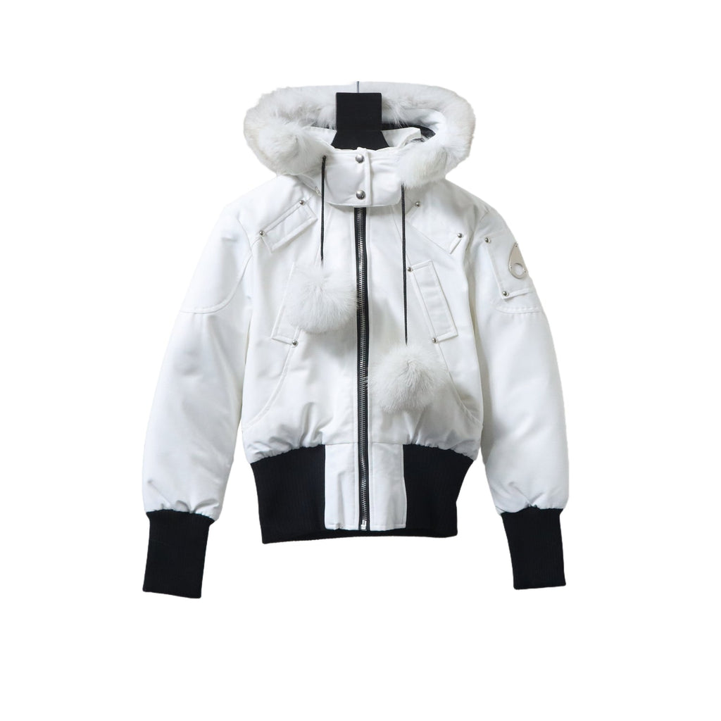 Moose Knuckles White and Black Pom-Pom Hooded Bomber Jacket