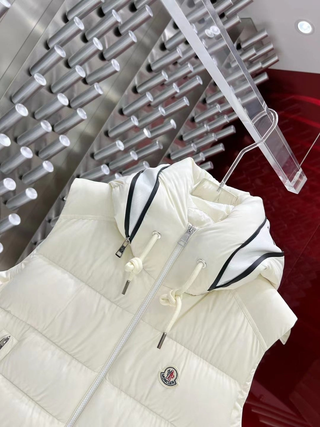 Moncler White Logo Trim Hooded Puffer Vest