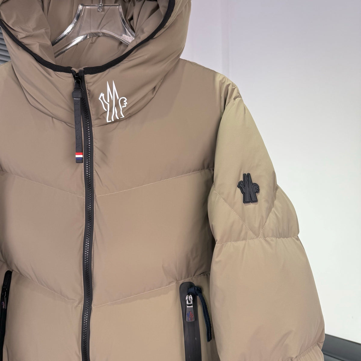Moncler Taupe Beige Graphic Logo Hooded Puffer Jacket