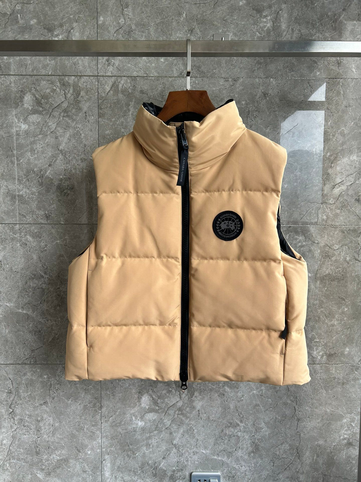 Canada Goose Camel Beige Black Patch Quilted Puffer Vest