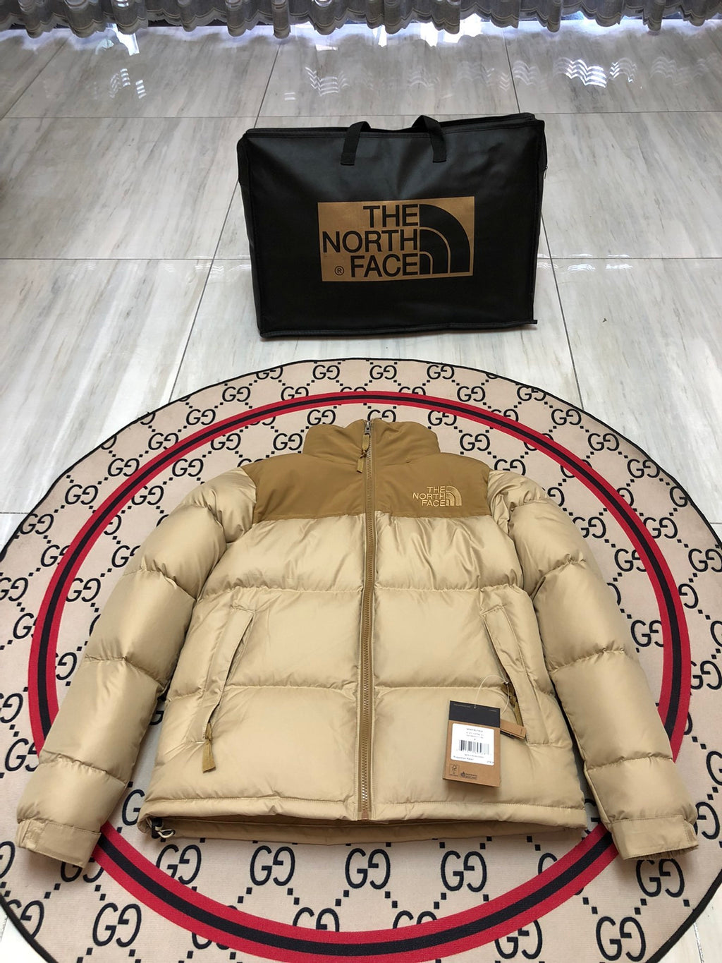 The North Face Beige and Camel Colorblock Puffer Jacket