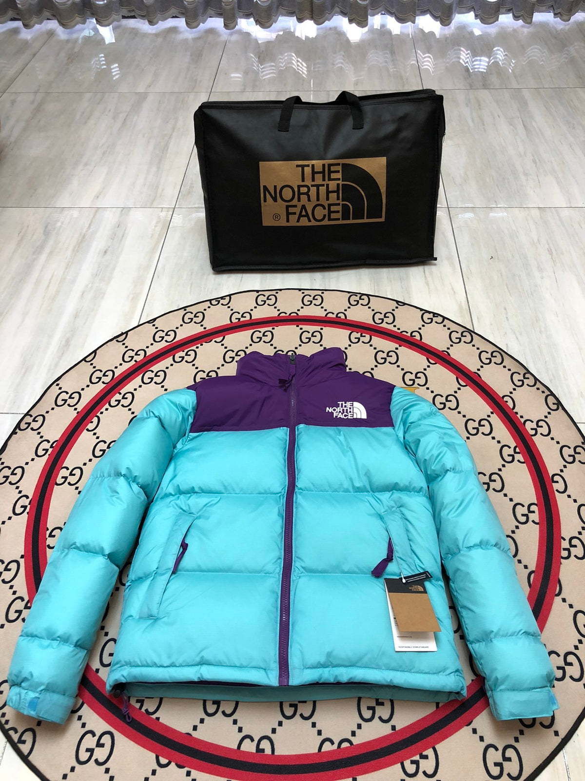 The North Face Turquoise Blue and Purple Colorblock Puffer Jacket