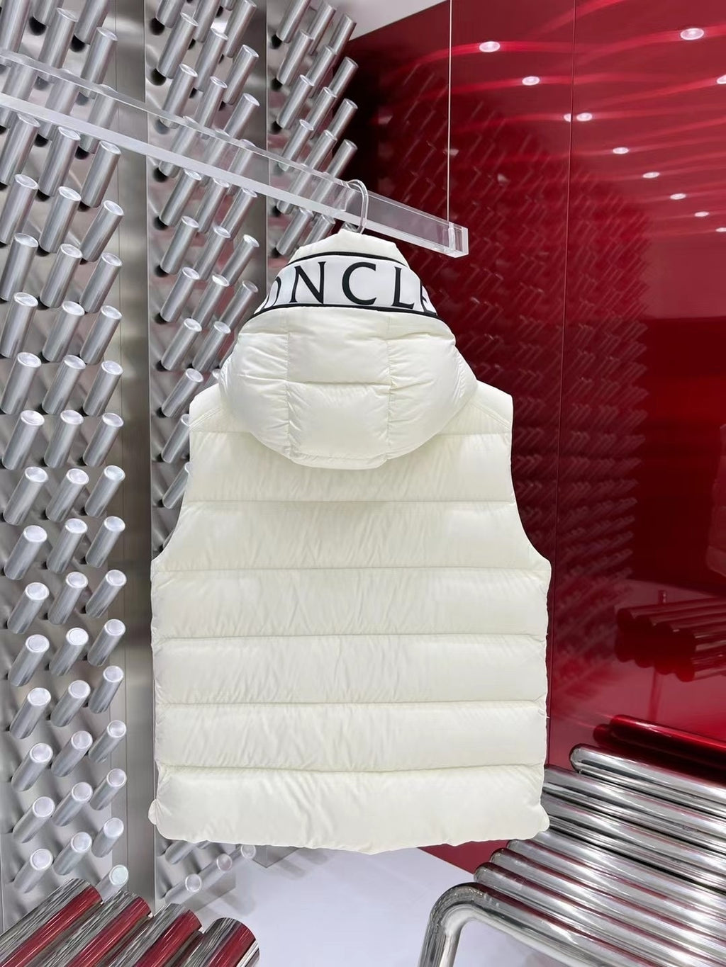 Moncler White Logo Trim Hooded Puffer Vest