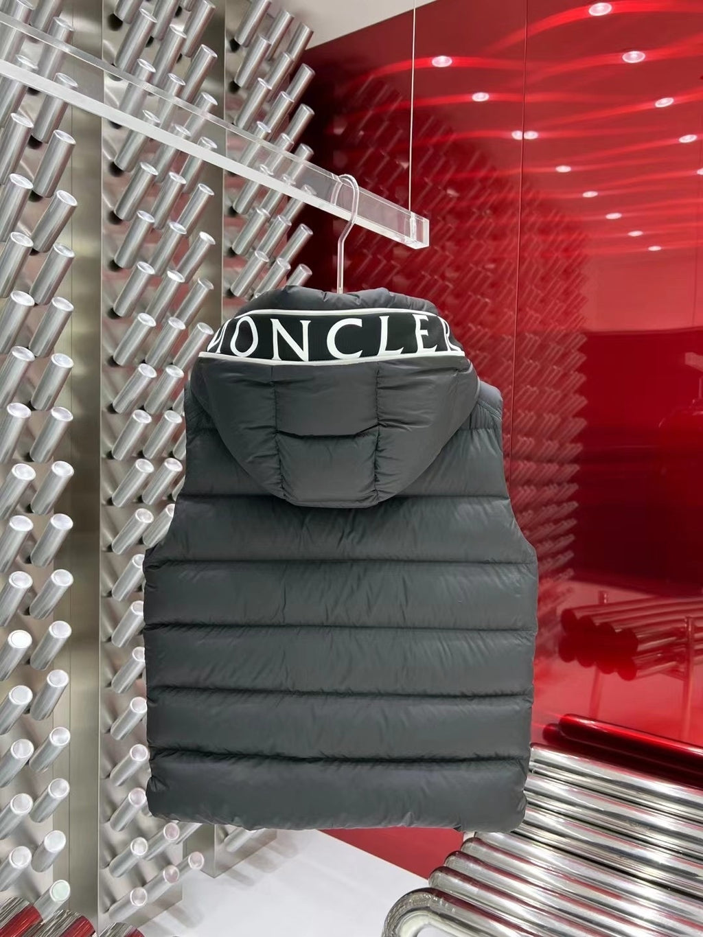 Moncler Charcoal Gray Logo Trim Hooded Puffer Vest