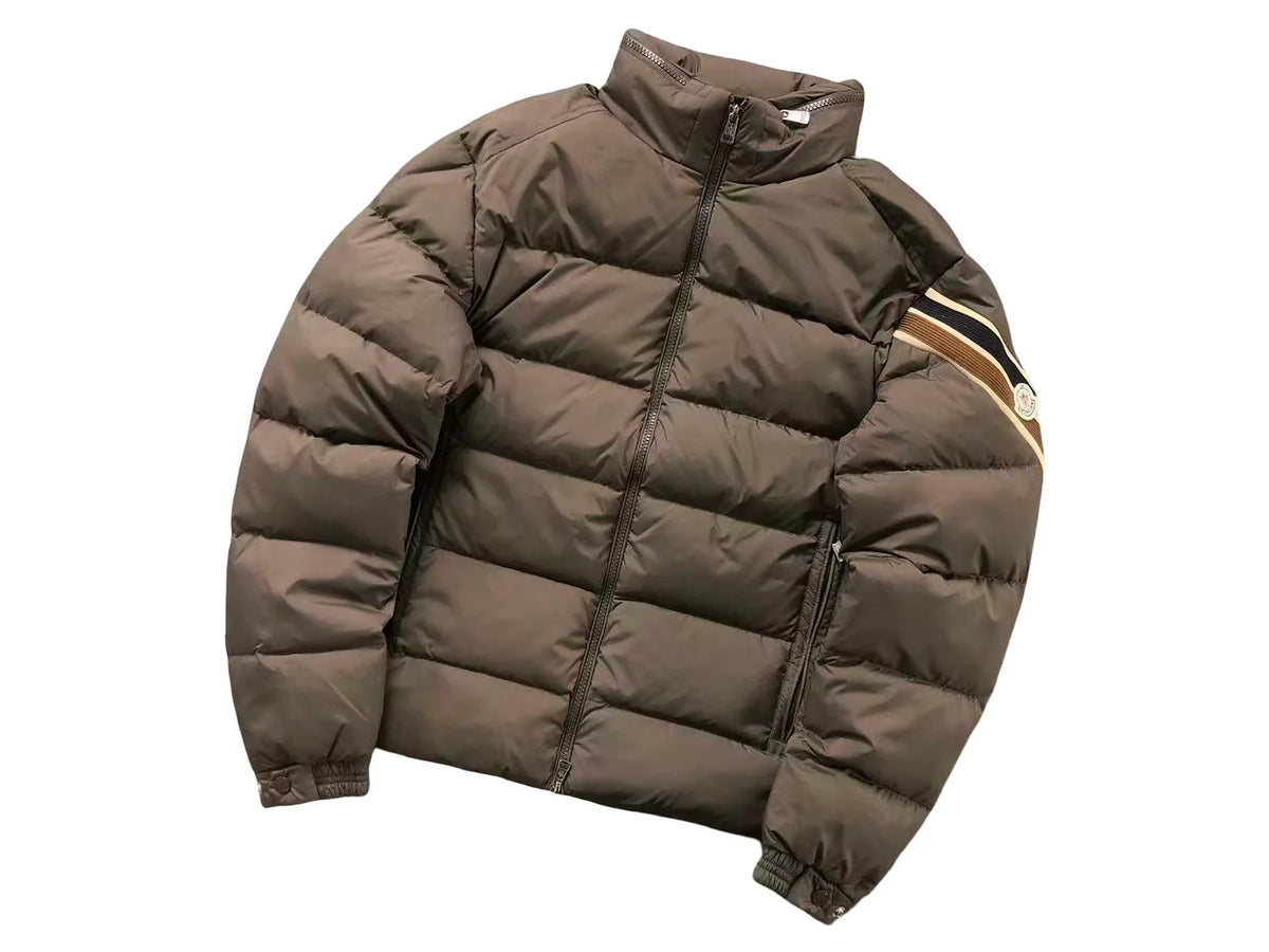 Moncler Olive Brown Quilted Puffer Jacket with Striped Sleeve