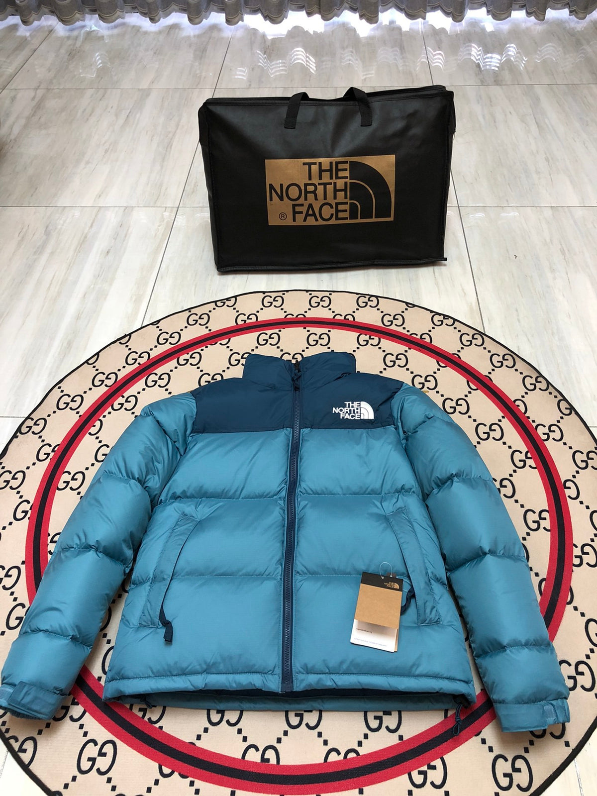 The North Face Teal Blue and Navy Colorblock Puffer Jacket