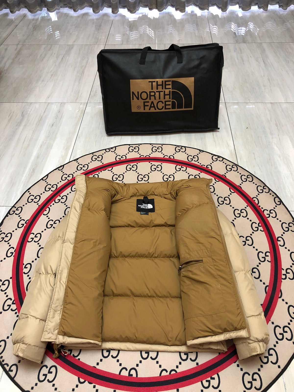 The North Face Beige and Camel Colorblock Puffer Jacket