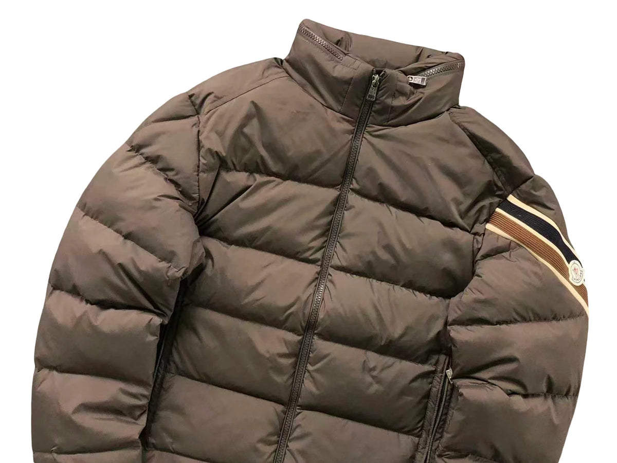 Moncler Olive Brown Quilted Puffer Jacket with Striped Sleeve