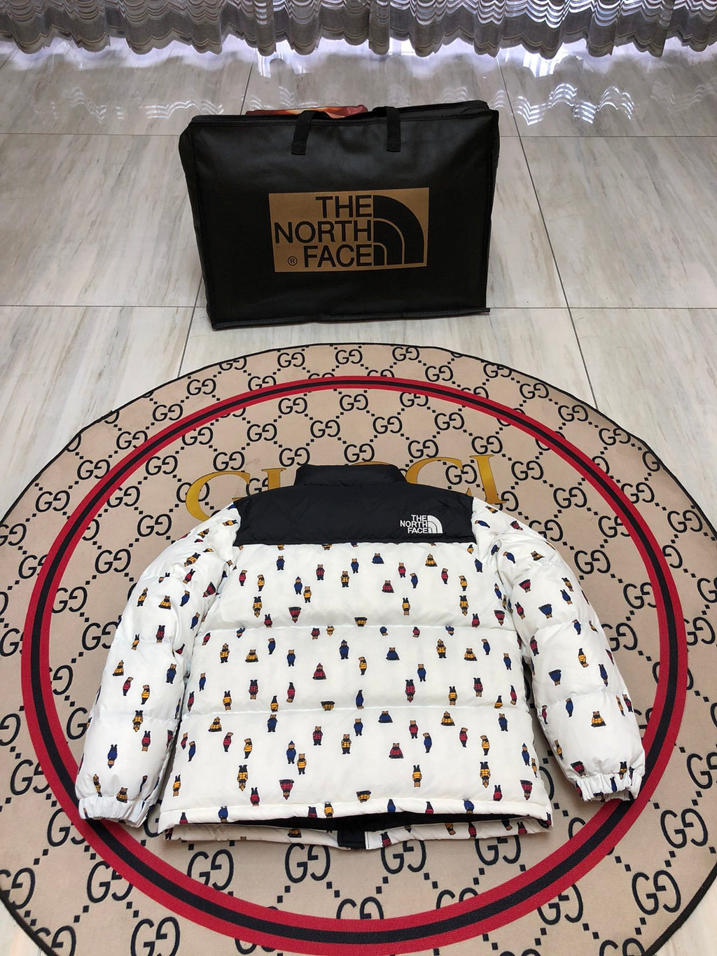 The North Face White and Black Bear Print Puffer Jacket