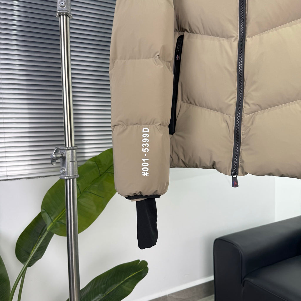 Moncler Taupe Beige Graphic Logo Hooded Puffer Jacket